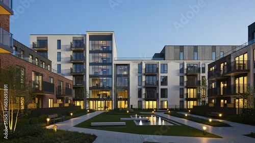 Residential Apartment Complex Courtyard With Modern Brick Buildings Landscape Design And Stone Pavement Illuminated Under Blue Sky During Golden Hour