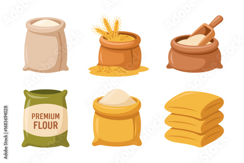 Flour bag vector set, wheat grain sacks, milling ingredients, organic farming supplies, bakery production, cereal harvest storage icons