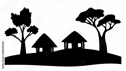 Silhouette of two huts with thatched roofs and trees on a small hill in a black and white landscape view