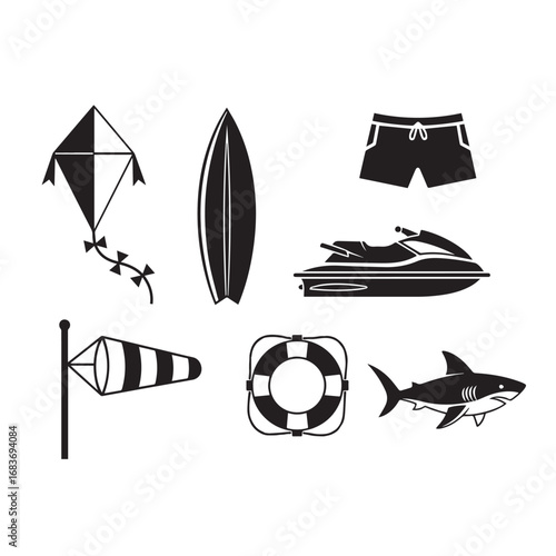 Summer Beach and Water Sports Icons: Kite, Surfboard, Jet Ski, Shark, and More