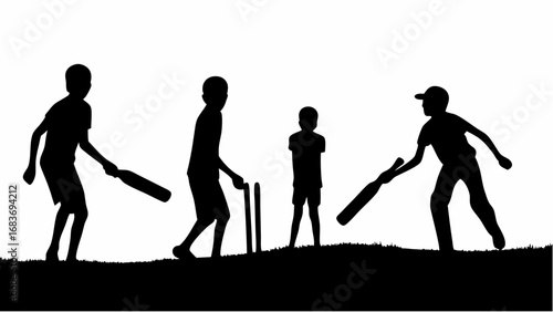 Silhouette of four kids playing cricket with bats and wickets on a grassy field in black and white style