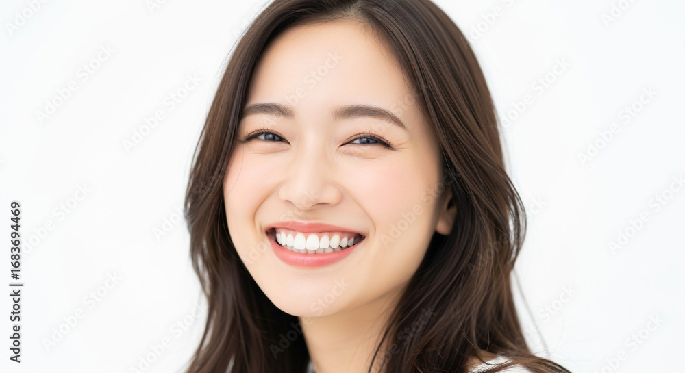 笑顔で白い歯を見せる若い女性 笑顔で白い歯を見せる若い女性