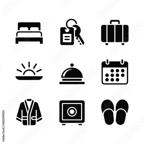Collection of hotel service icons featuring bed amenities comfort and travel essentials