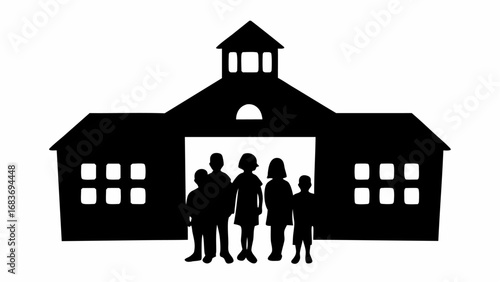 Silhouette of family in front of a school building with windows and a tower in black and white view