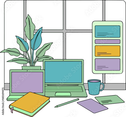 Cozy Workspace with Laptops, Plant, and Window