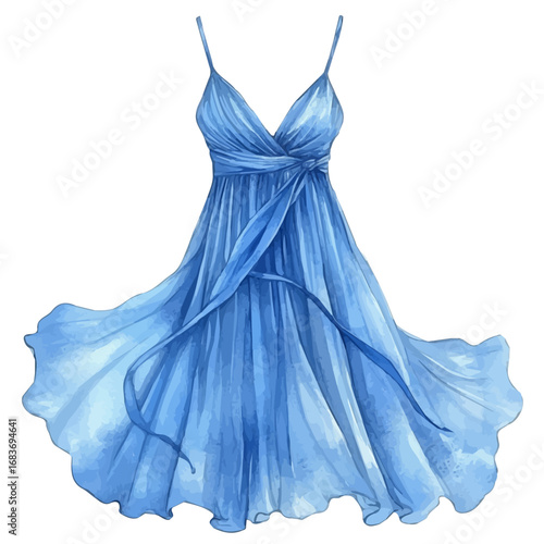 Summer Dress Blowing Breeze, watercolor painting vector, isolated on a white background.