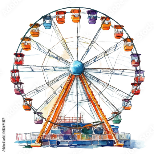 Summer Fair Ferris Wheel, watercolor vector, isolated on a white background.