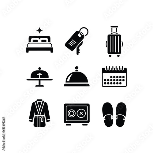 Hotel service icons collection featuring bed calendar robe slippers luggage and reception bell for travel