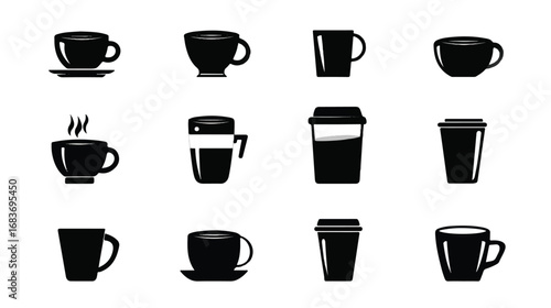 Collection of Various Black Coffee Cup Icons Representing Different Styles and Beverage Types for Designs