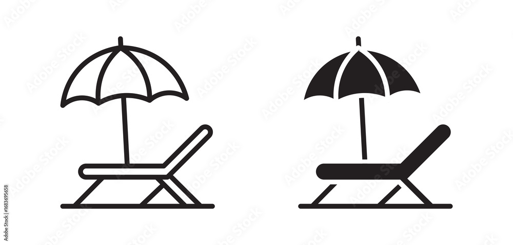 Fototapeta premium Beach lounge chair with umbrella vector icon set.