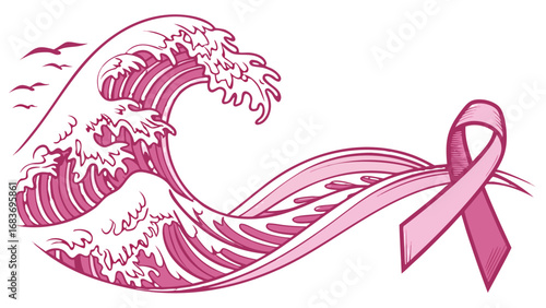 Pink ribbon flowing with a wave and birds symbolizing breast cancer awareness and support campaign theme art