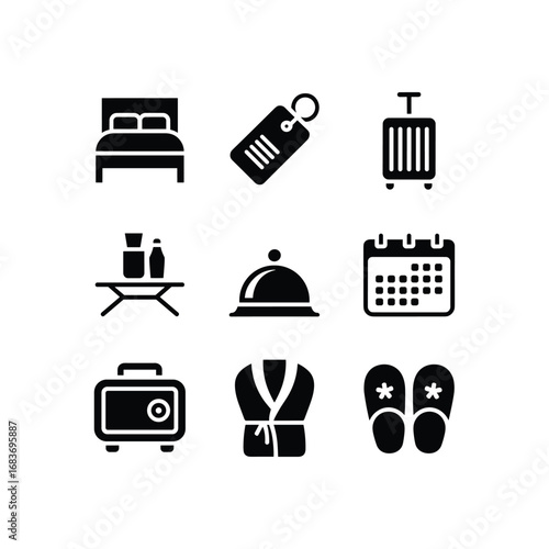 Hotel amenities icons bed luggage robe slippers calendar room service and more