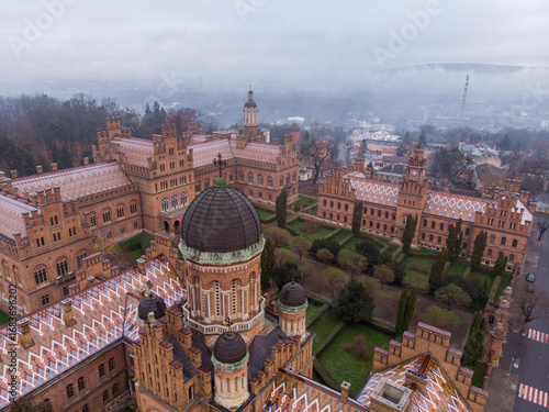 Chernivtsi University Aerial Shot at at Later Autumn in Moody Misty Weather