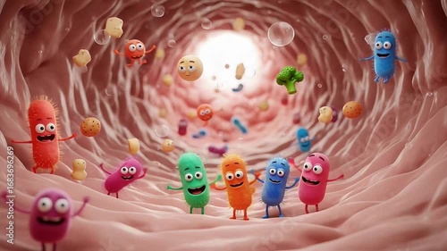Vibrant 3D cartoon gut microbiome characters and food particles in intestine tunnel.