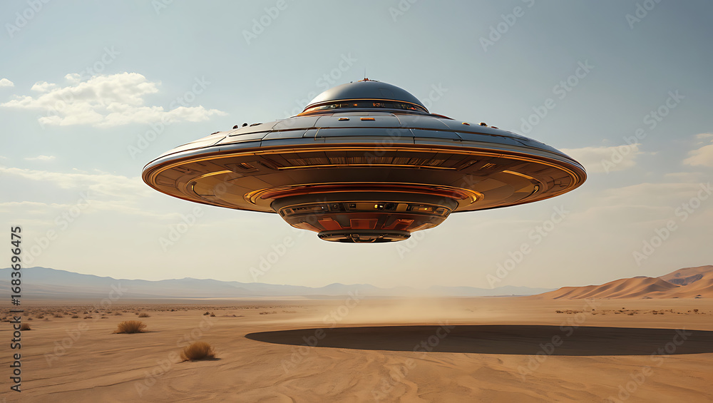 Fototapeta premium A mysterious ufo hovers silently over a barren desert landscape under a clear sky, creating an otherworldly scene