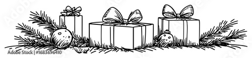christmas outline border with gift boxes baubles and pine branches