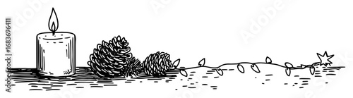 minimal christmas border with candle pinecones and star garland