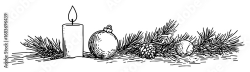 christmas outline border with candle baubles and pine branches
