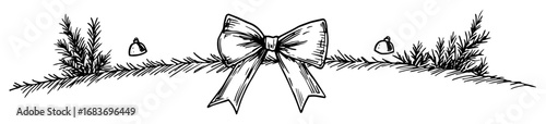 minimal christmas border with bow and pine twigs in hand drawn style