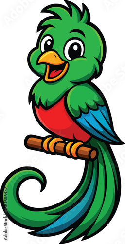 Quetzal bird perched proudly its long flowing tail feathers curling dramatically