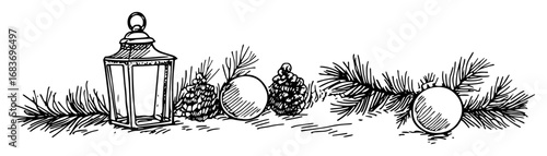 christmas border with lantern pinecones and baubles in outline drawing