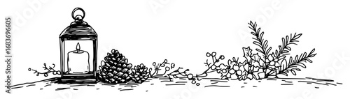 christmas border with lantern pinecones and berries in hand drawn style