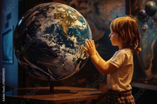 Little girl examining a large globus the Earth during visiting a science museum. Primary school age child exploring of model globe the planet Earth on planetarium or exhibition