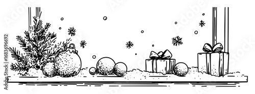 christmas scene with gifts baubles snow and tree in outline style