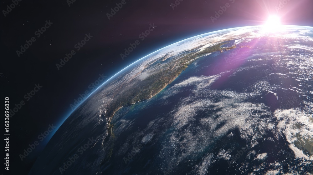 Fototapeta premium Aerial view of Earth from space with sunlight illuminating land and oceans,