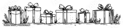 christmas border with gift boxes and ribbons in outline drawing