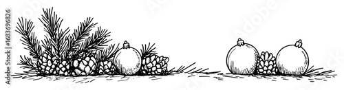 christmas border with pinecones baubles and pine twigs in line art