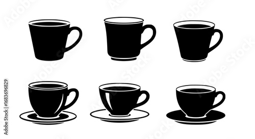 A monochromatic artistic rendering of coffee mugs, depicting a diverse set of drinkware, perfect for conceptual design or promotional material. vector illustration