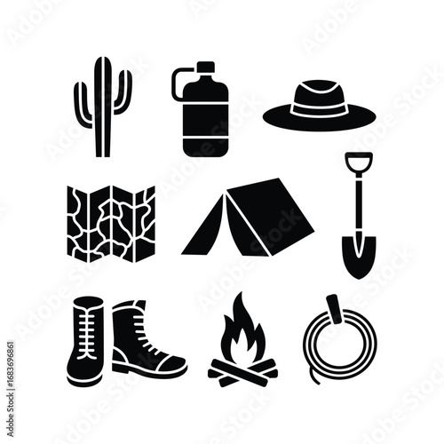 Camping adventure gear collection icon set desert survival essentials cactus tent hat boots shovel