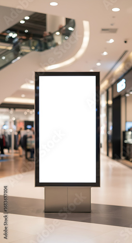 A freestanding vertical advertising lightbox with a blank white screen and a sleek black frame perfect for digital mockups.