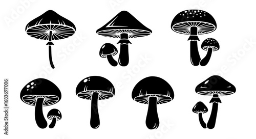 An artistic collection of monochromatic mushrooms in various shapes, perfect for decorative use, offering a touch of elegance and mystery. vector illustration