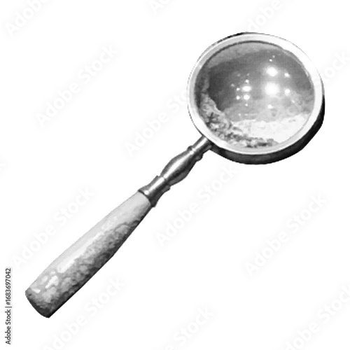 Vintage magnifying glass in retro halftone pop art style. Black and white dotted illustration for detective, research, science and investigation concepts. Vector collage element for mixed media design