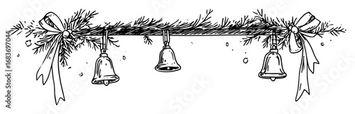 christmas garland with pine bells and ribbons in outline drawing