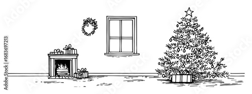 christmas interior with fireplace and decorated tree in outline drawing