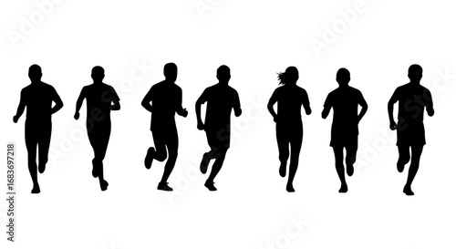 A group of individuals in silhouette form, captured mid-stride in a dynamic display of movement and determination. Illustrates the essence of fitness and the pursuit of wellness.