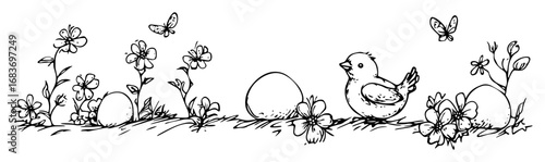 easter scene with chick flowers and eggs in outline vector