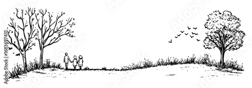 family in nature with trees and birds in hand drawn outline