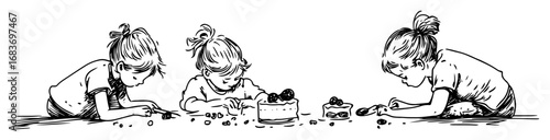 three kids playing on floor with toys in hand drawn style