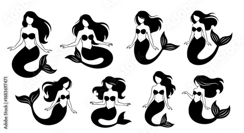 A collection of elegant mermaid illustrations, each with flowing hair and captivating form. Capturing the allure of the sea. vector illustration