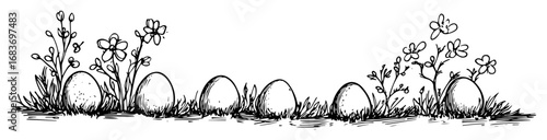 easter eggs and flowers in spring grass in outline style