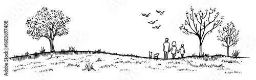 family walking in spring landscape with trees and birds