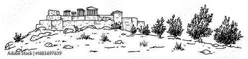 ancient ruins on hill with trees in hand drawn outline
