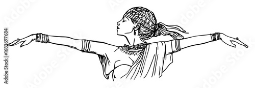 woman dancing with outstretched arms in historical clothing