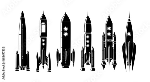A collection of stylish space rockets in monochrome. This image is suitable for many kinds of graphic design projects. vector illustration