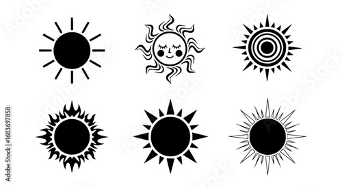 A collection of intricately crafted sun icons, radiating warmth and joy, displayed with remarkable detail in a vector illustration