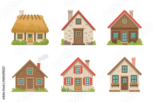 Charming country house illustrations, cottage style homes, rustic farmhouses, cozy village architecture, rural property icons, vintage design